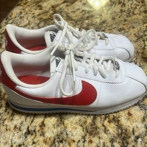 Nike White and Red Retro Sneakers with Leather Upper